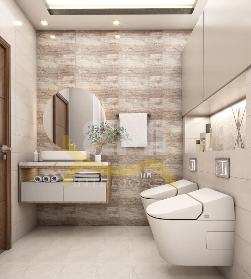 modern bathroom interior with comot and mirror on the wall with towels